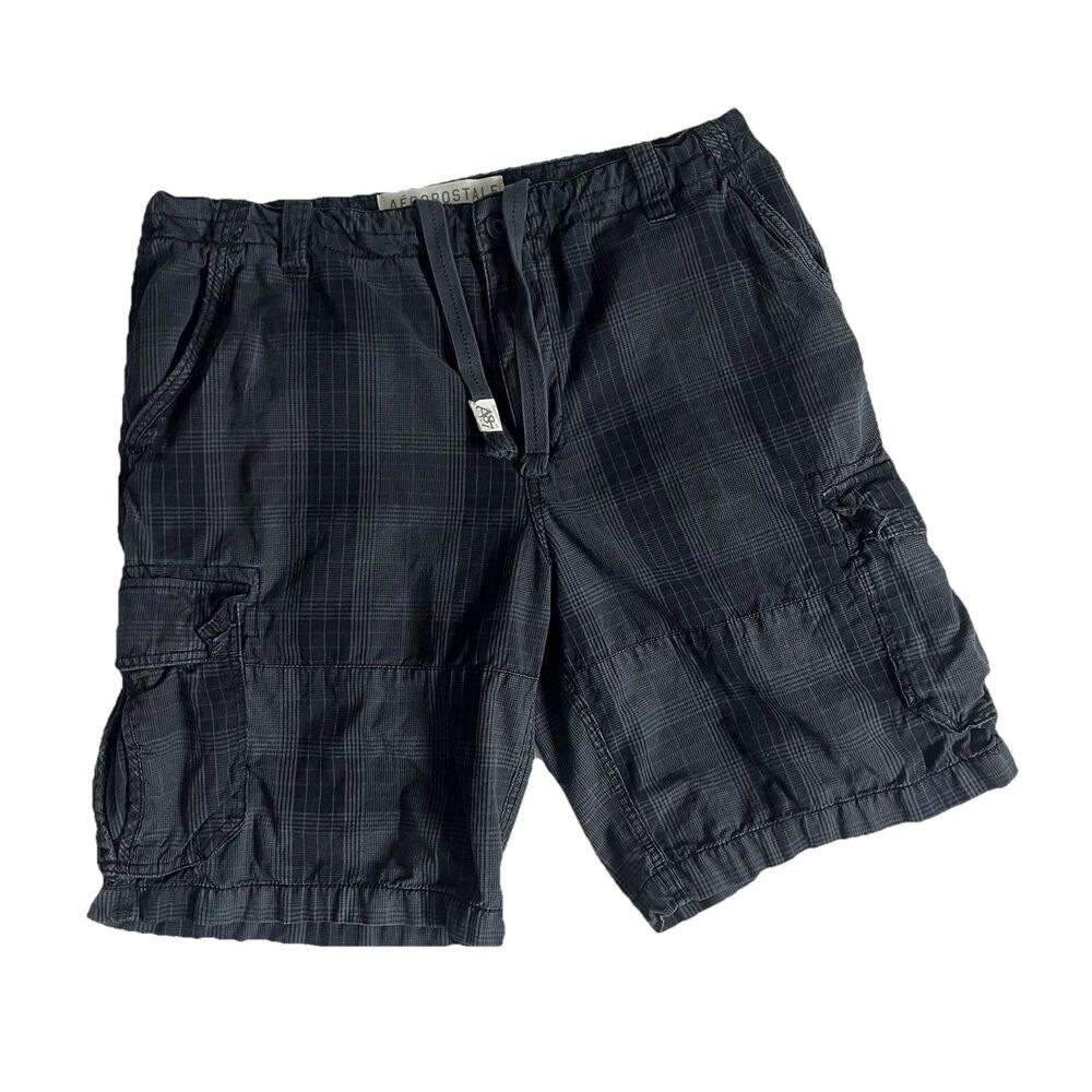 Aeropostale Y2K Mens Plaid Cargo Shorts Size 38 Grunge Skater Vintage Blue Black